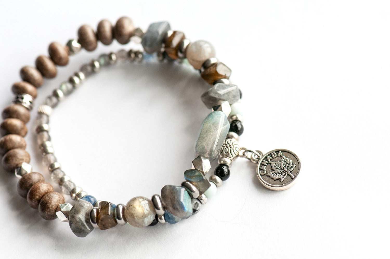 Newfoundland & Labrador Lynx Bracelet Set – Two handmade gemstone bracelets featuring Labradorite, Aquamarine, Onyx, and customizable charm options