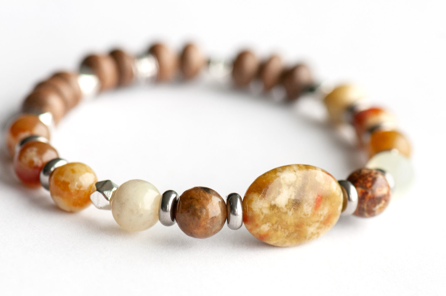 Feature bracelet from Nunavut Lynx Set – Fire Serpentine oval with Dragon Blood Jasper and Fire Serpentine rounds, grey wood beads, and silver spacers