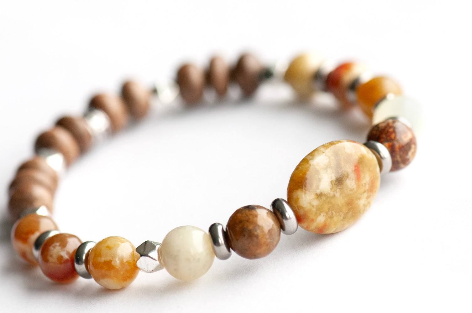 Feature bracelet from Nunavut Lynx Set – Fire Serpentine oval with Dragon Blood Jasper and Fire Serpentine rounds, grey wood beads, and silver spacers