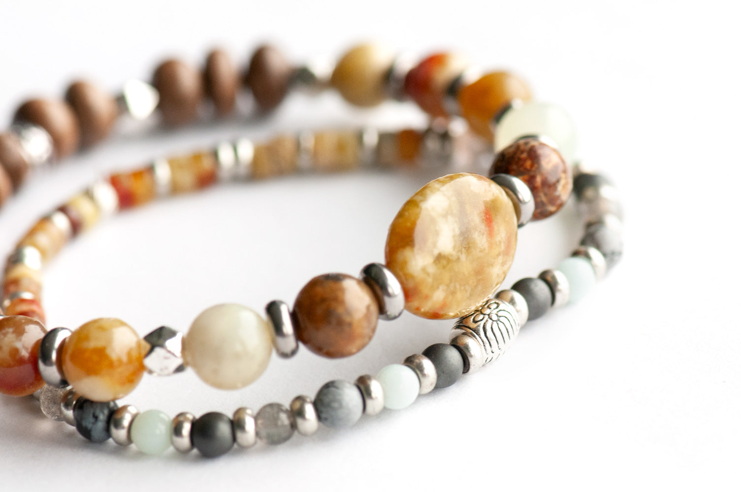 Nunavut Lynx Bracelet Set – Two handmade gemstone bracelets featuring Fire Serpentine, Dragon Blood Jasper, and customizable charm options