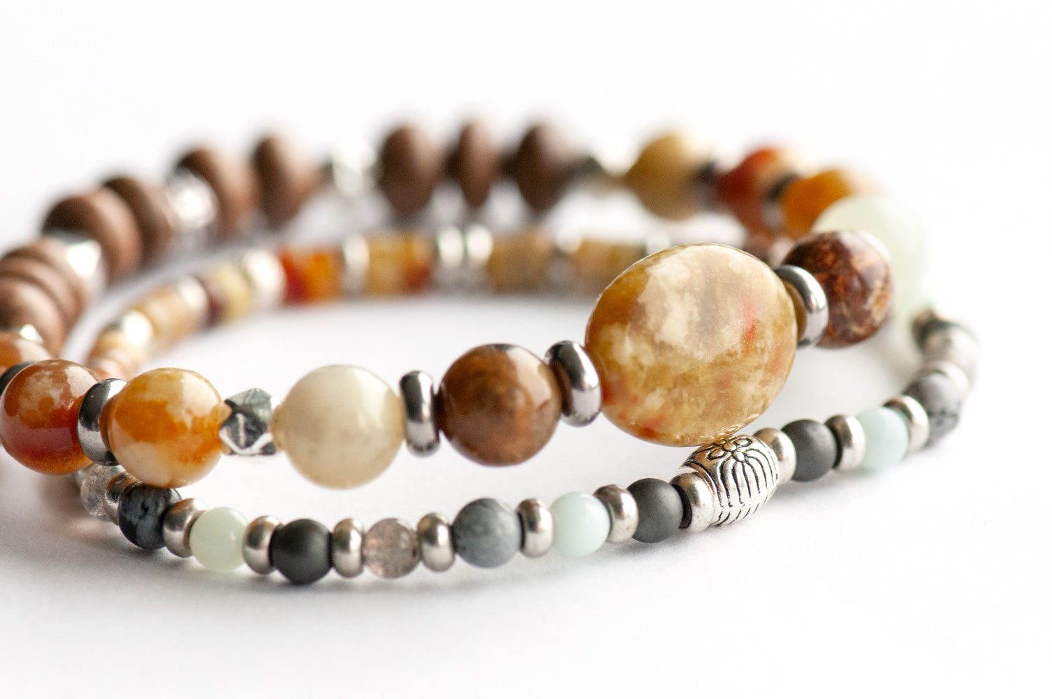 Nunavut Lynx Bracelet Set – Two handmade gemstone bracelets featuring Fire Serpentine, Dragon Blood Jasper, and customizable charm options