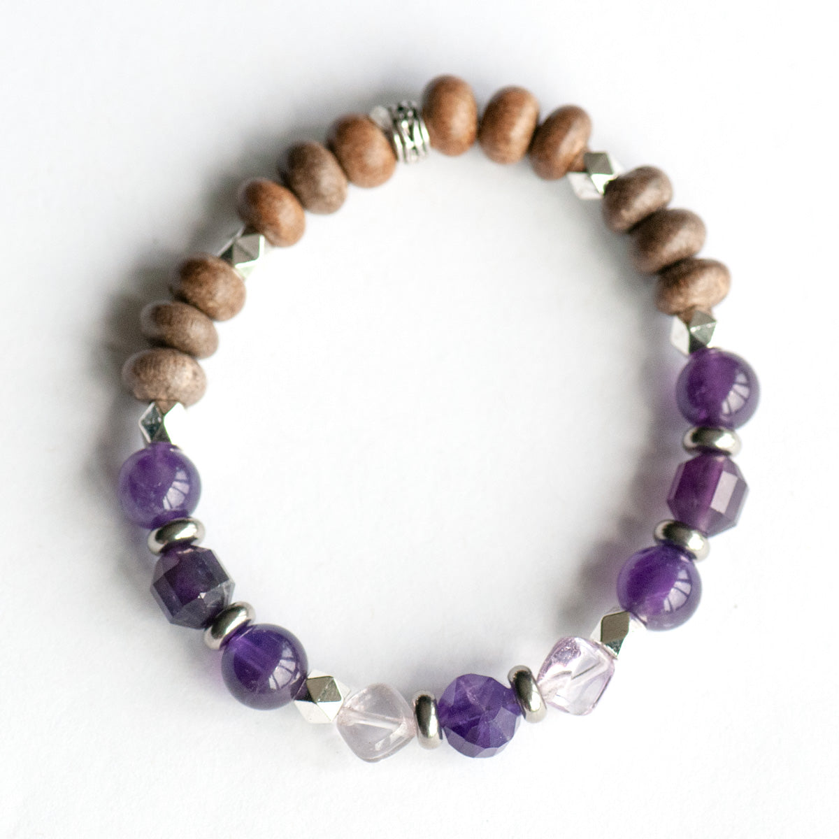 Feature bracelet from Ontario Lynx Set – Faceted Amethyst nugget with Lavender Amethyst squares, Amethyst rounds, prisms, and grey wood beads