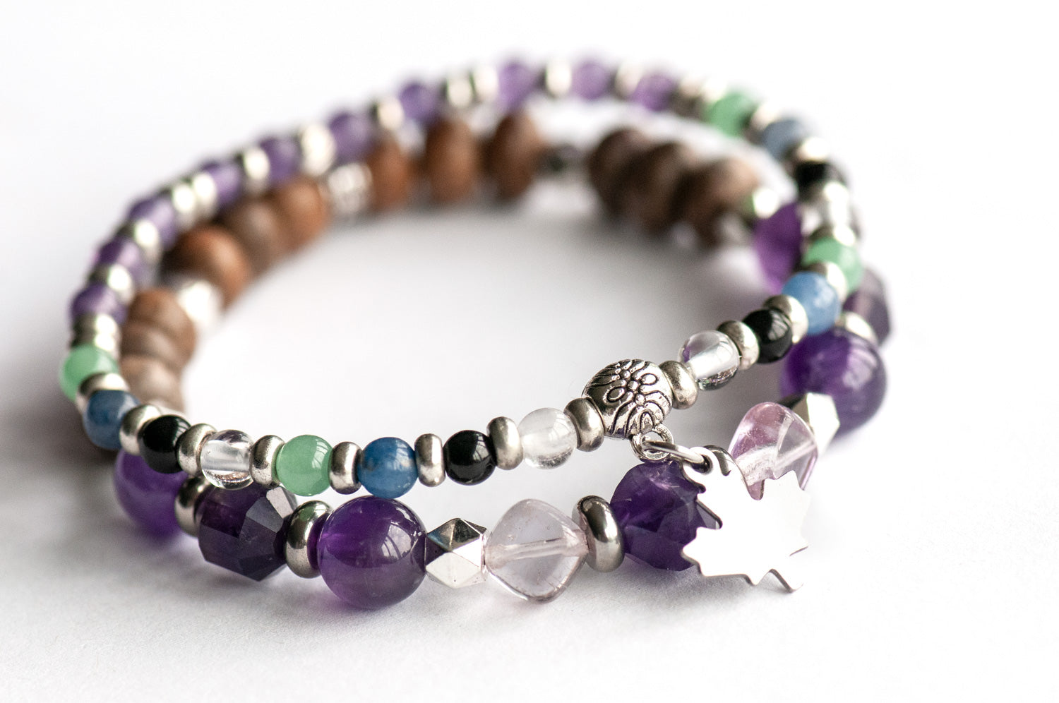 Ontario Lynx Bracelet Set – Two handmade gemstone bracelets featuring Amethyst, Aventurine, Clear Quartz, and customizable charm options