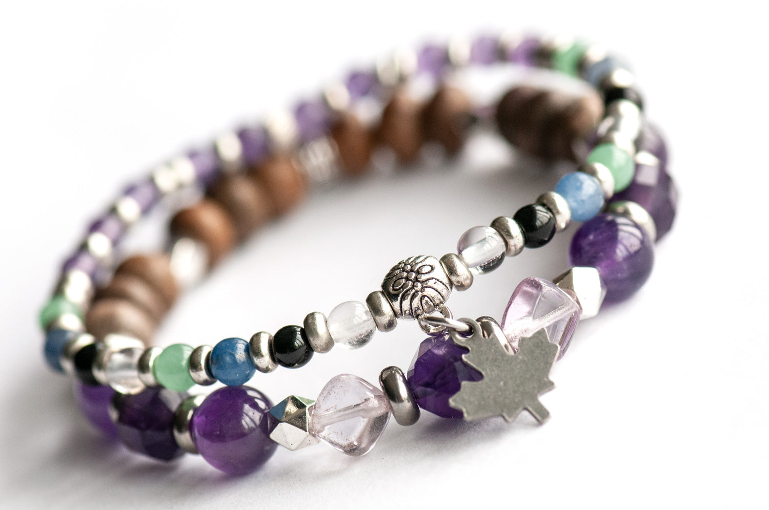 Ontario Lynx Bracelet Set – Two handmade gemstone bracelets featuring Amethyst, Aventurine, Clear Quartz, and customizable charm options
