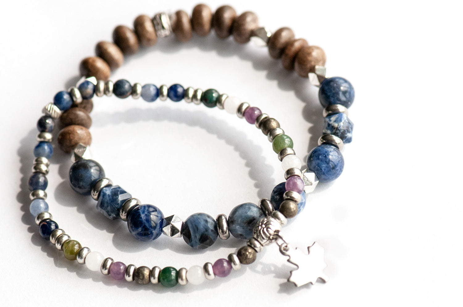 Quebec Lynx Bracelet Set – Two handmade gemstone bracelets featuring Sodalite, Pyrite, White Jade, and customizable charm options
