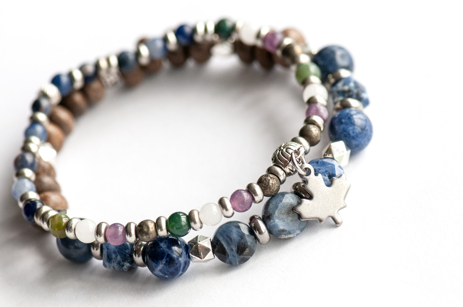 Quebec Lynx Bracelet Set – Two handmade gemstone bracelets featuring Sodalite, Pyrite, White Jade, and customizable charm options