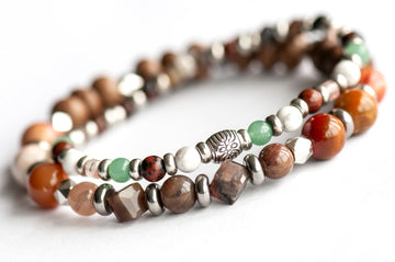 Saskatchewan Lynx Bracelet Set – Two handmade gemstone bracelets featuring Petrified Wood Agate, Sunstone, and customizable charm options