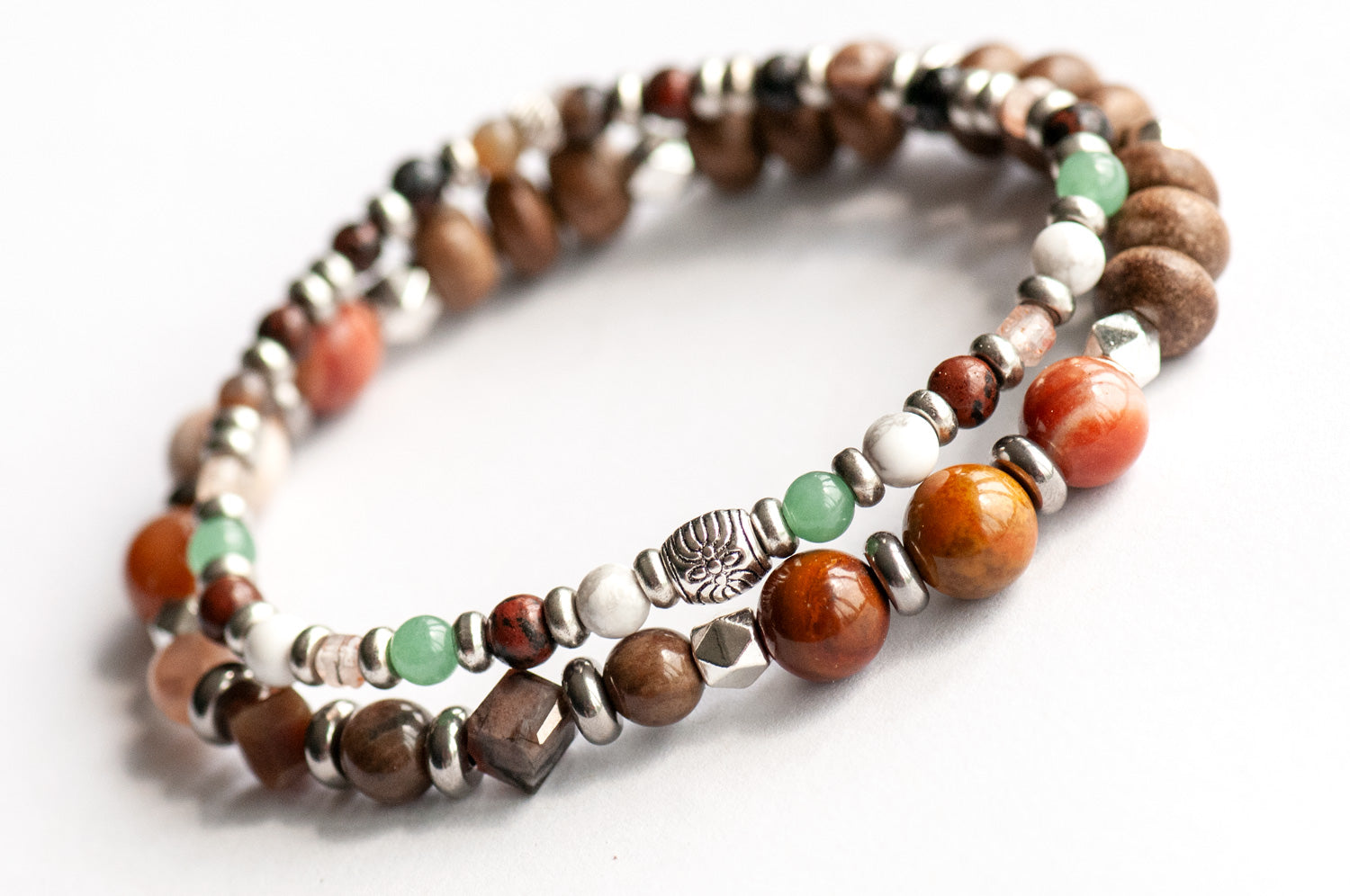 Saskatchewan Lynx Bracelet Set – Two handmade gemstone bracelets featuring Petrified Wood Agate, Sunstone, and customizable charm options