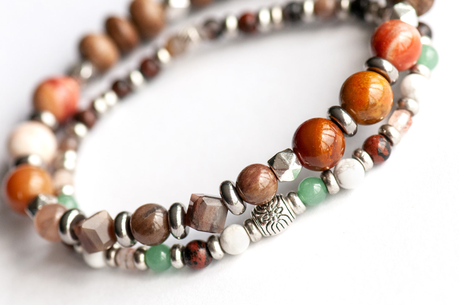 Saskatchewan Lynx Bracelet Set – Two handmade gemstone bracelets featuring Petrified Wood Agate, Sunstone, and customizable charm options