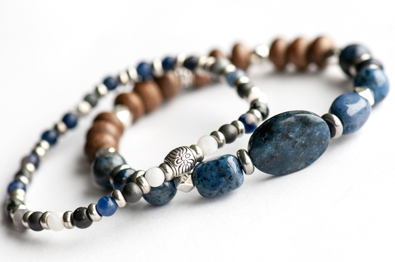 Yukon Lynx Bracelet Set – Two handmade gemstone bracelets featuring Dumortierite, Moonstone, Hematite, and customizable charm options