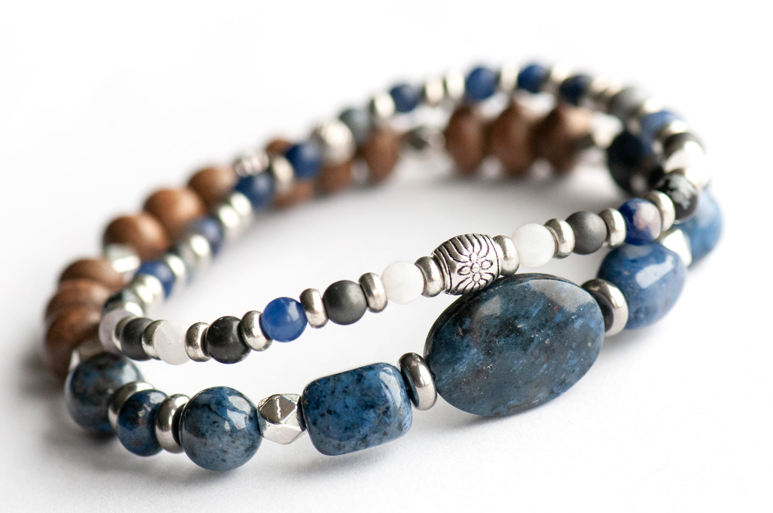Yukon Lynx Bracelet Set – Two handmade gemstone bracelets featuring Dumortierite, Moonstone, Hematite, and customizable charm options