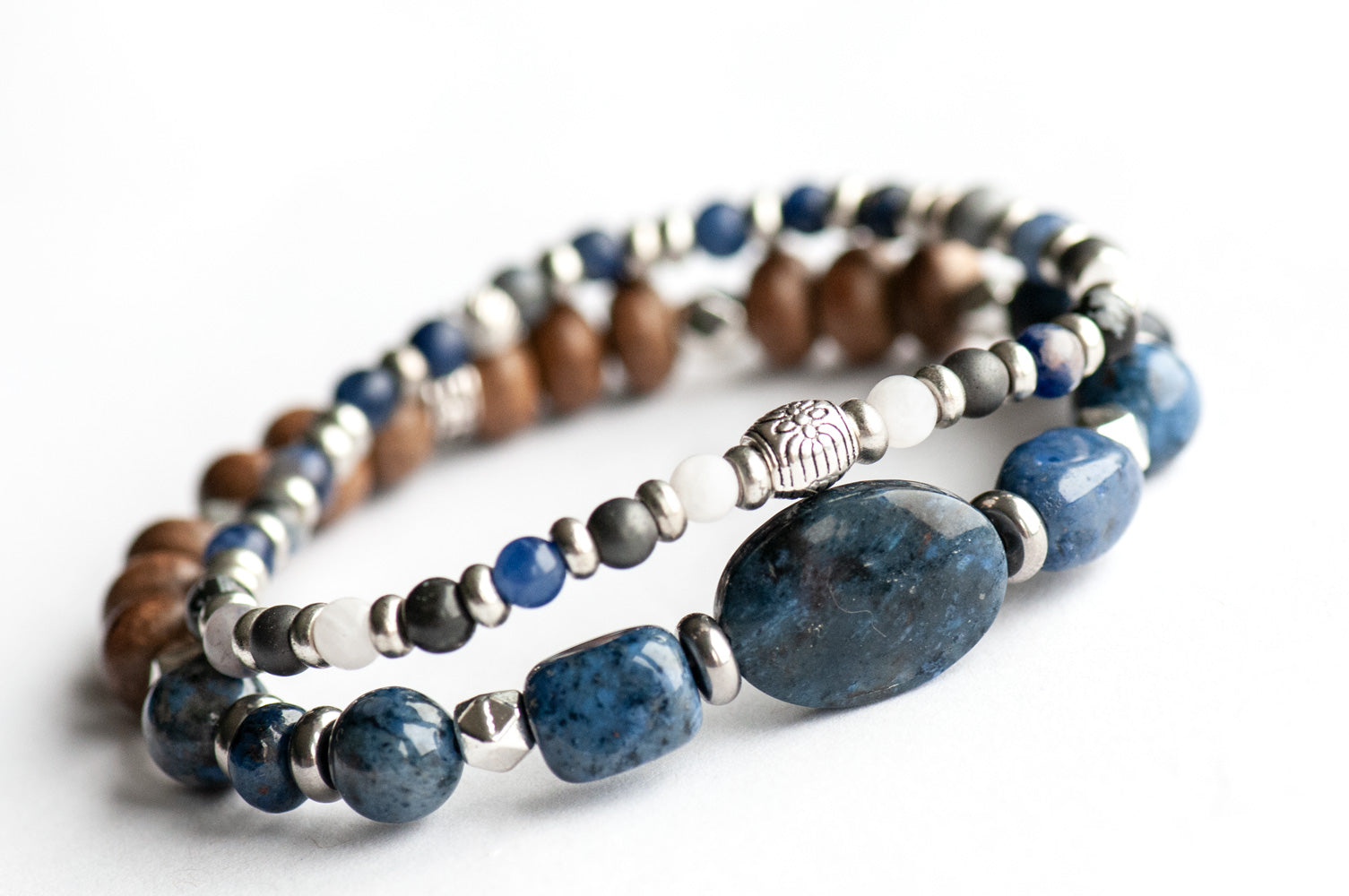 Yukon Lynx Bracelet Set – Two handmade gemstone bracelets featuring Dumortierite, Moonstone, Hematite, and customizable charm options