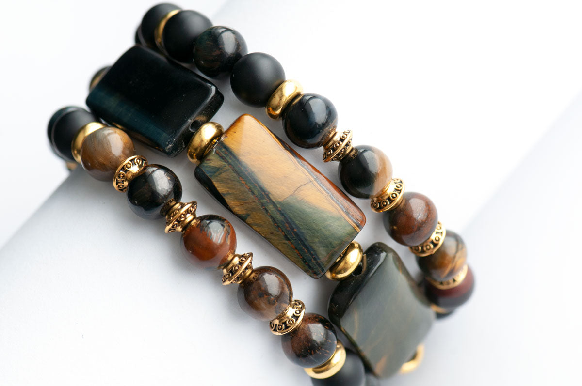 Gemstone bracelet set with blue yellow Tiger Eye handmade in New Brunswick Canada