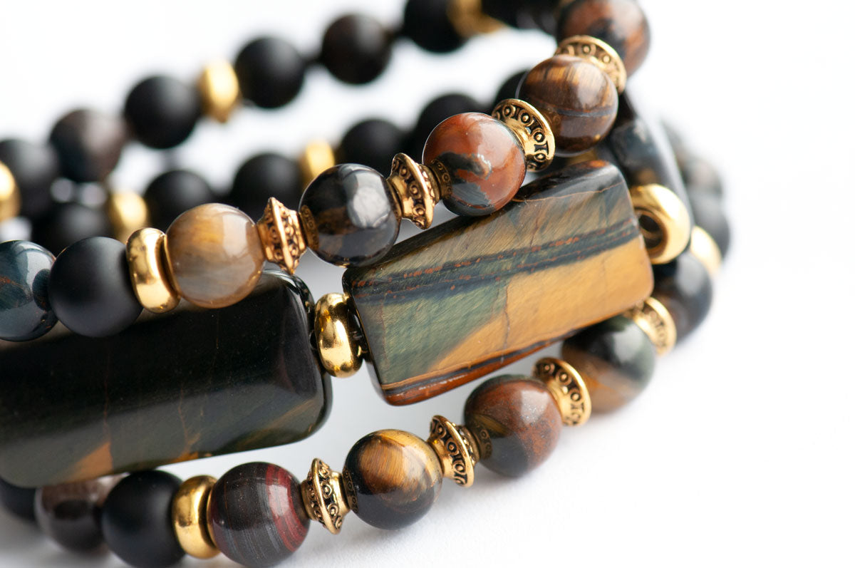 Black and Gold handmade bracelet set with Blue Yellow Tiger Eye beads