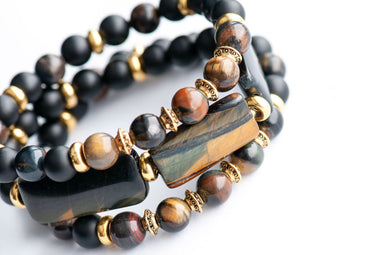 Blue & Yellow Tiger Eye bracelet set with gold accents