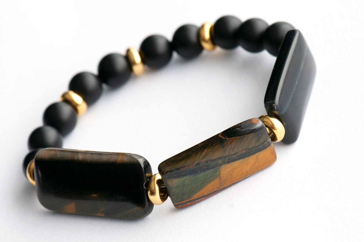 Focal Bracelet with matte black agate and Rectangular blue yellow Tiger Eye beads