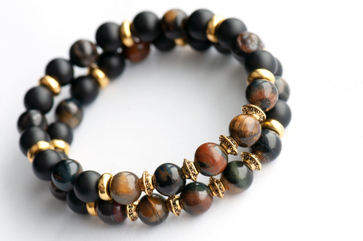 Handmade stone bracelets with blue yellow Tiger Eye and black Agate beads