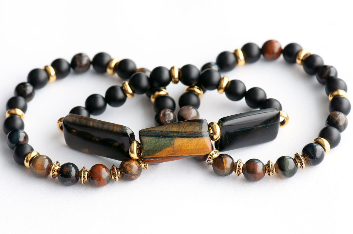 Three bracelet set with black agate and blue yellow Tiger Eye