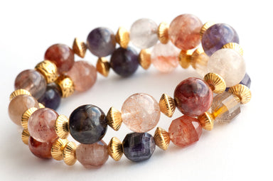 Rainbow quartz handmade bracelet set with gold accent beads for sale.