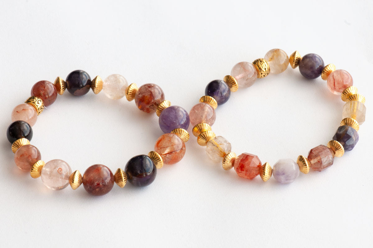 handmade bracelet set with rainbow quartz beads and gold accents