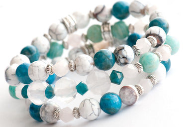 The Tranquil Lynx bracelet set with fire agate, blue apatite, amazonite and rose quartz beads