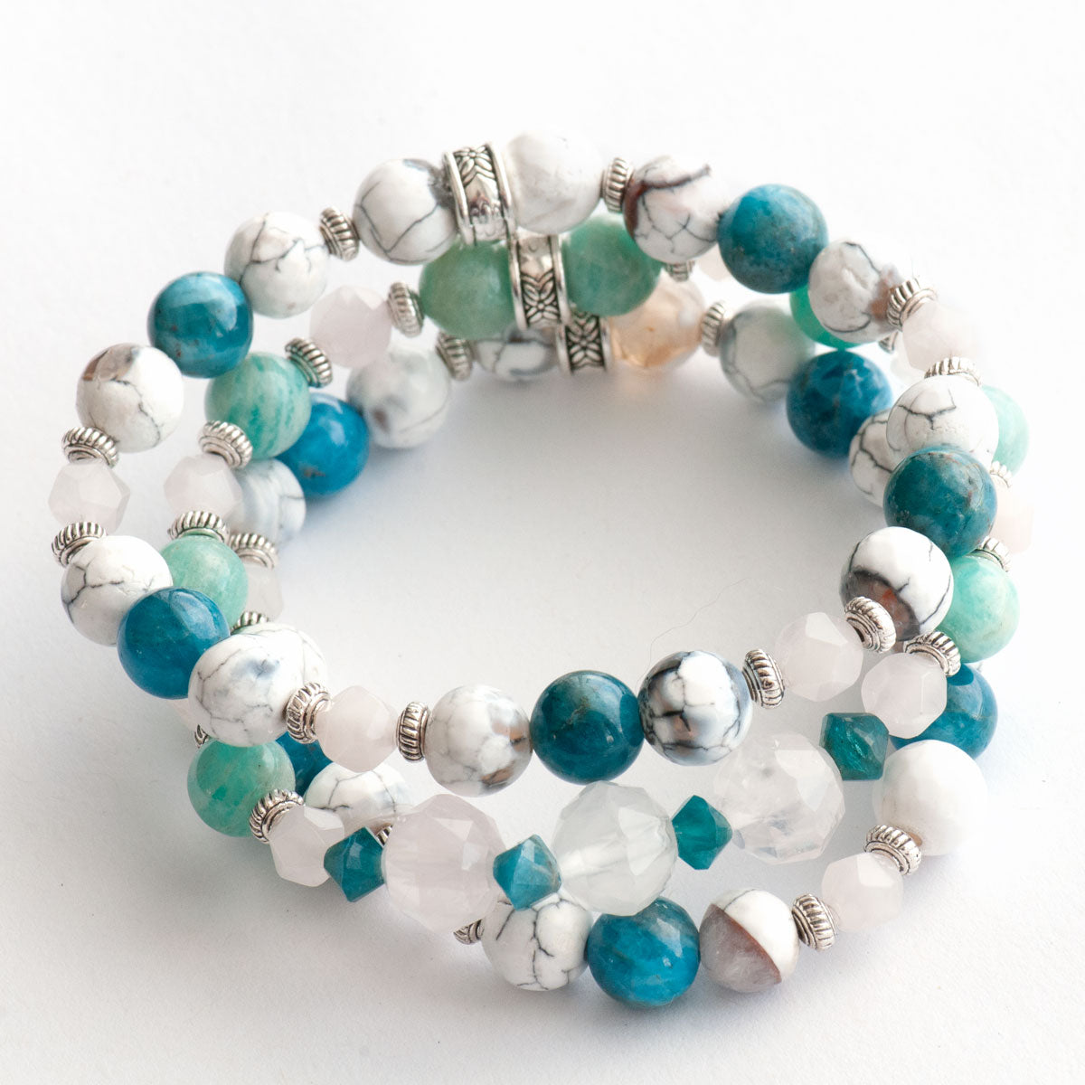 Apatite, Amazonite, Rose Quartz and agate bracelet set handmade in New Brunswick Canada