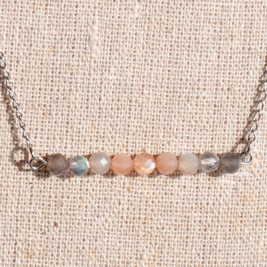 Dainty ombre bar necklace in grey and peach moonstone