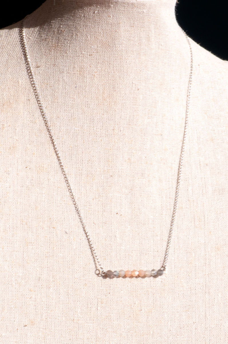 Handmade dainty necklace handmade in canada with grey and peach moonstone