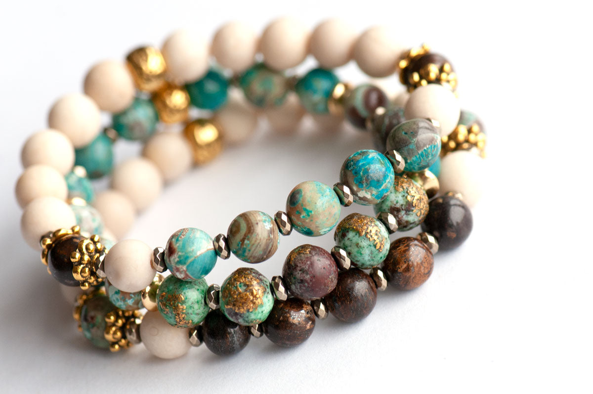 Expressive Lynx Chrysocolla, Bronzite and Jasper bracelet with gold accents handmade in Canada