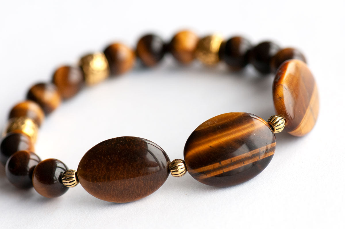 Tiger Eye gemstone bracelet with gold accent beads handmade in New Brunswick Canada