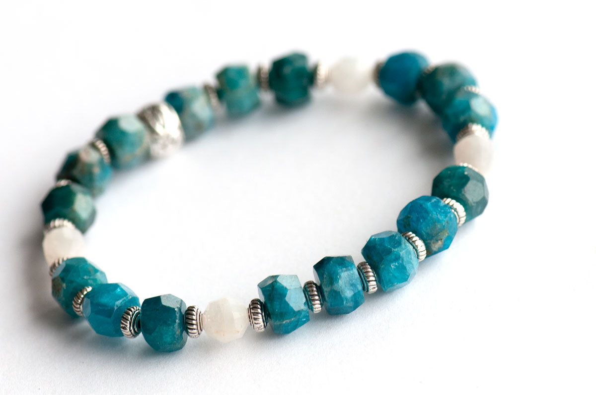 Atlantis - Hand cut blue Apatite and Moonstone handmade stretch bracelet with silver plated accents
