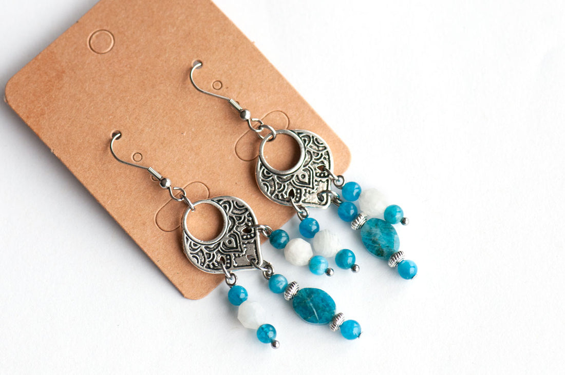 Blue Apatite and Moonstone boho earrings for sale handmade in Canada