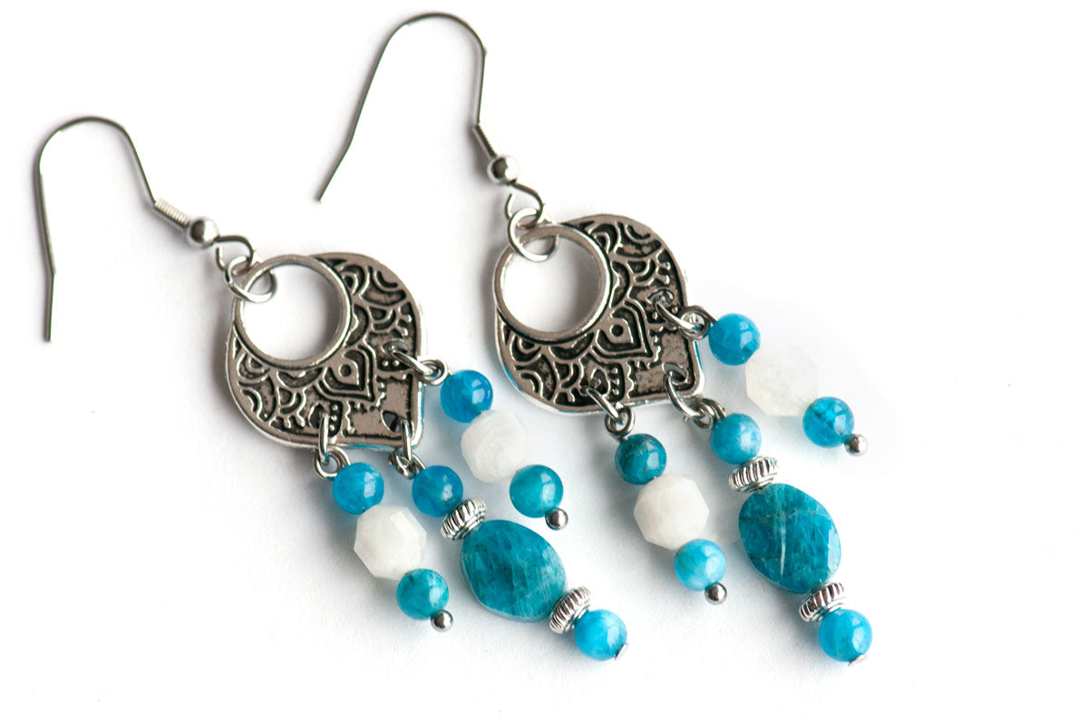 Blue Apatite and Moonstone boho earrings for sale handmade in Canada