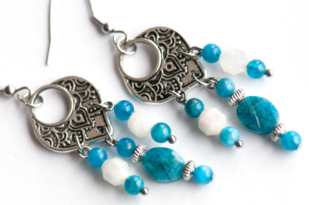 Boho earrings blue Apatite and Moonstone dangle drops