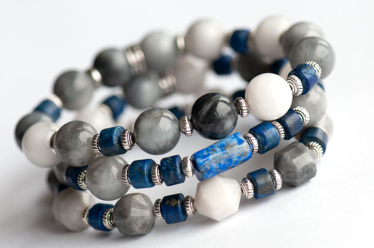 Grey and blue bracelet set handmade with Lapis Lazuli and Eagle Eye stone