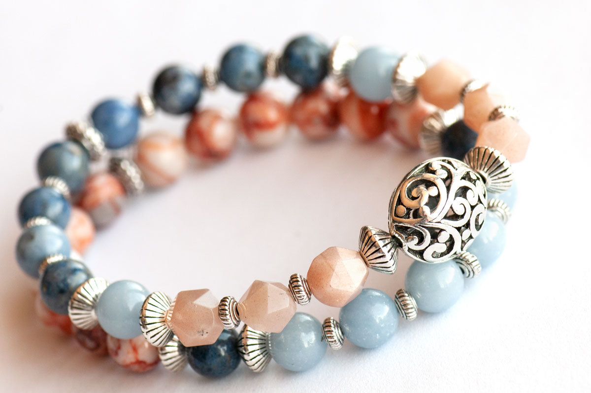 Blue and peach gemstone bracelet set with moonstone and angelite