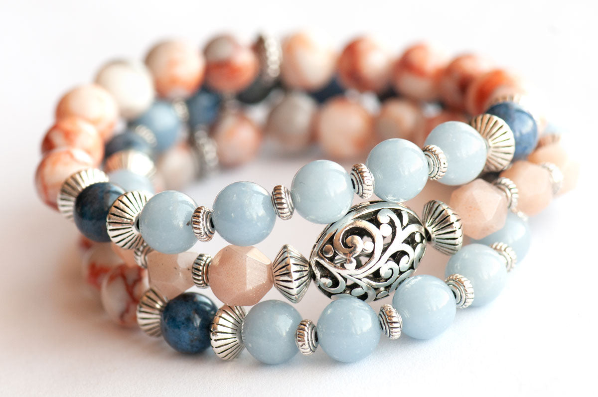 Handmade Gemstone bracelet with Dumortierite, Angelite, and peach moonstone