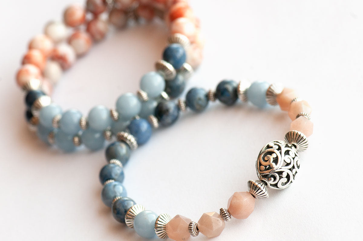Handmade Bracelet set in blue and peach gemstones