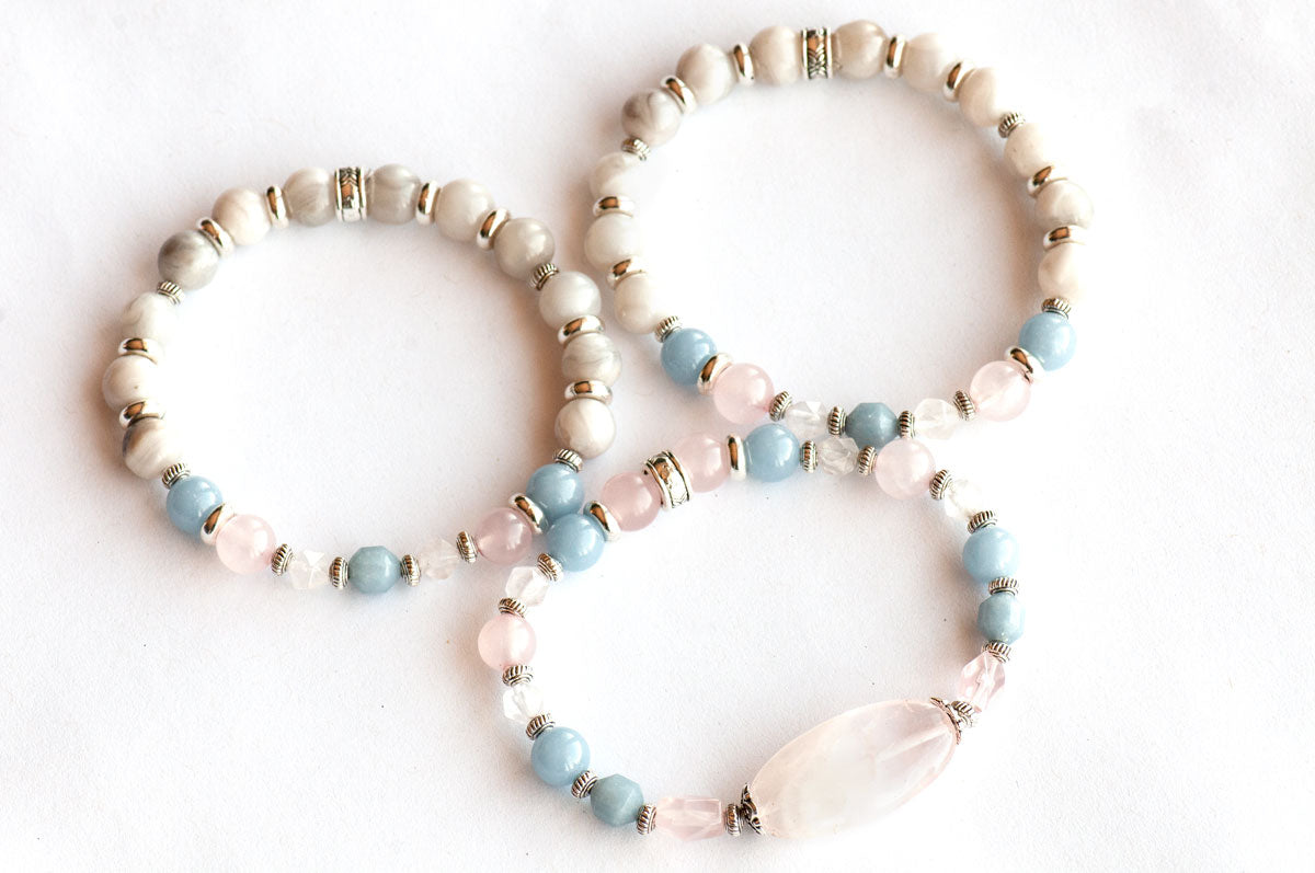 Three bracelet gemstone set in pink rose quartz and blue Angelite 