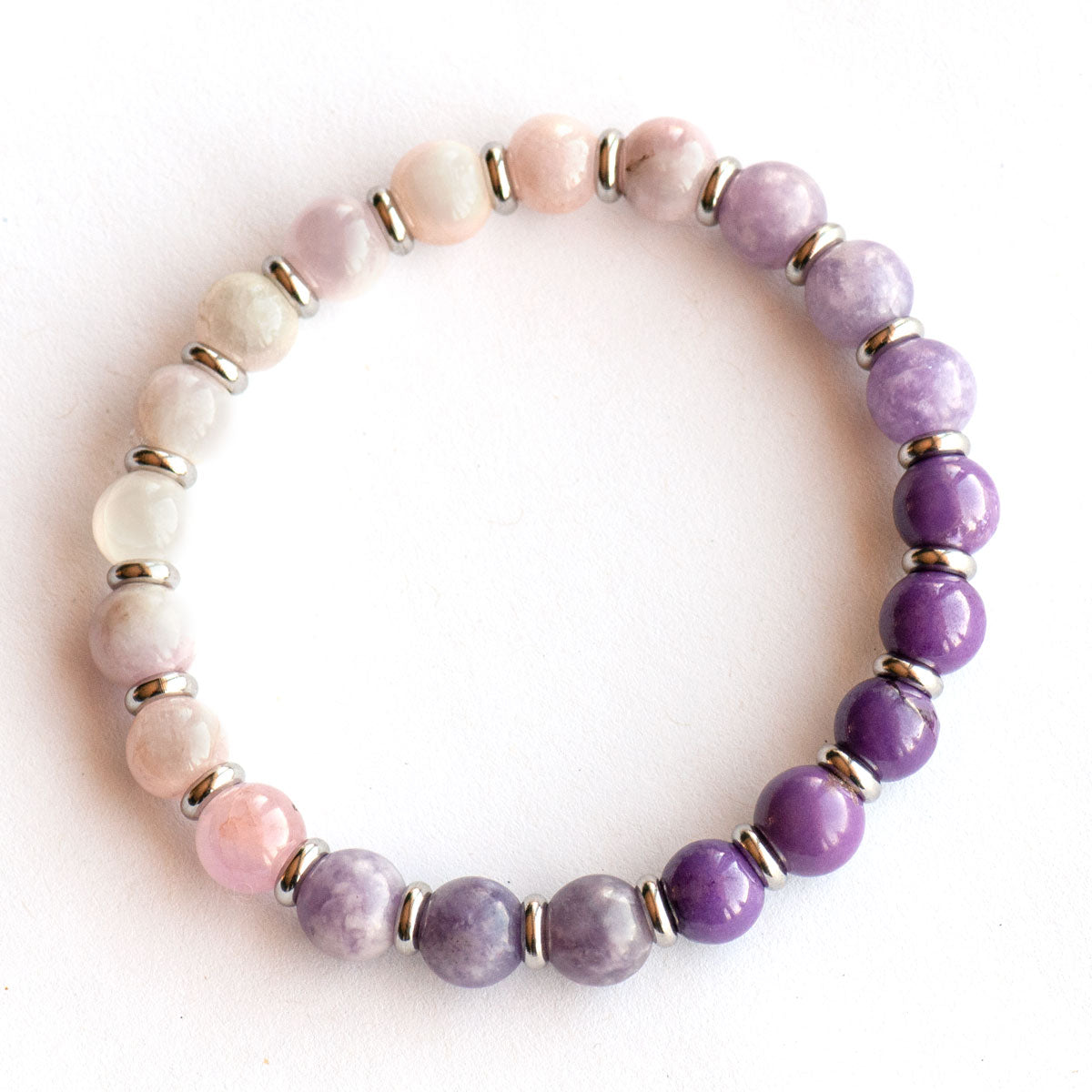 Handmade gemstone bracelet with phosphosiderite, lepidolite, and kunzite purple gemstones