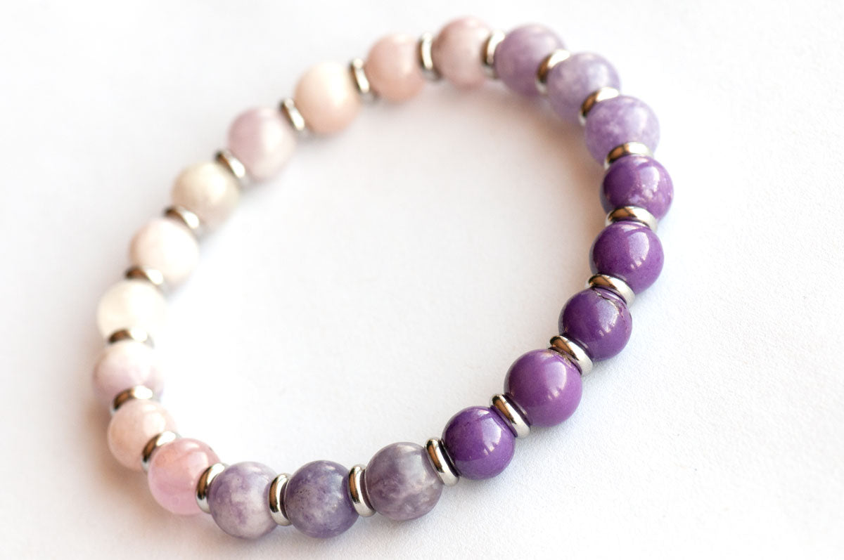 Lilac Ombre bracelet with phosphosiderite, Kunzite, and lepidolite gemstones handmade in new brunswick canada