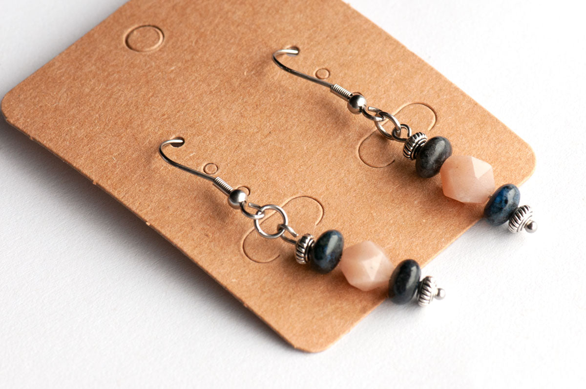 Peach Moonstone and Dumortierite drop earrings handmade in Canada