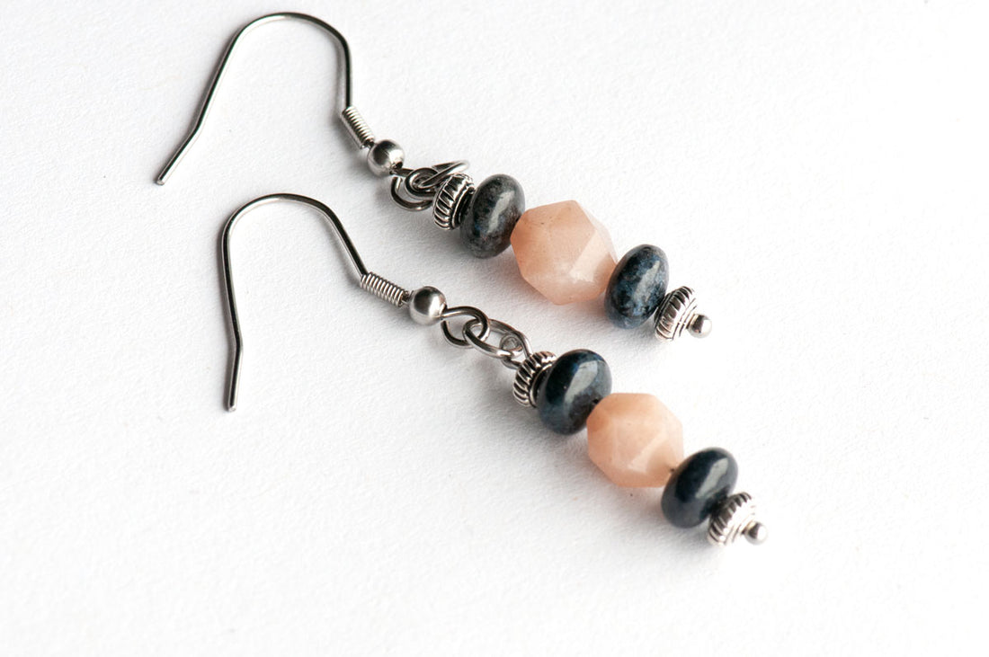 Peach Moonstone and Dumortierite drop earrings handmade in Canada