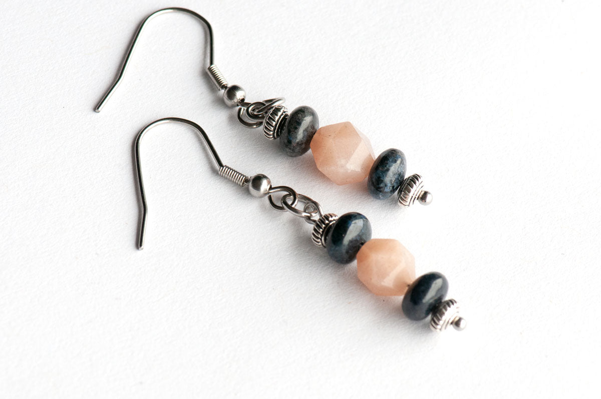 Peach Moonstone and Dumortierite drop earrings handmade in Canada
