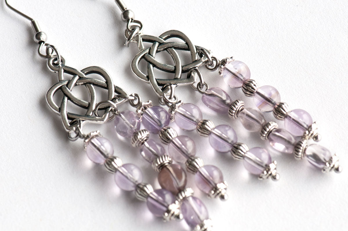 Celtic knot and amethyst birthstone chandelier earrings handmade in New Brunswick