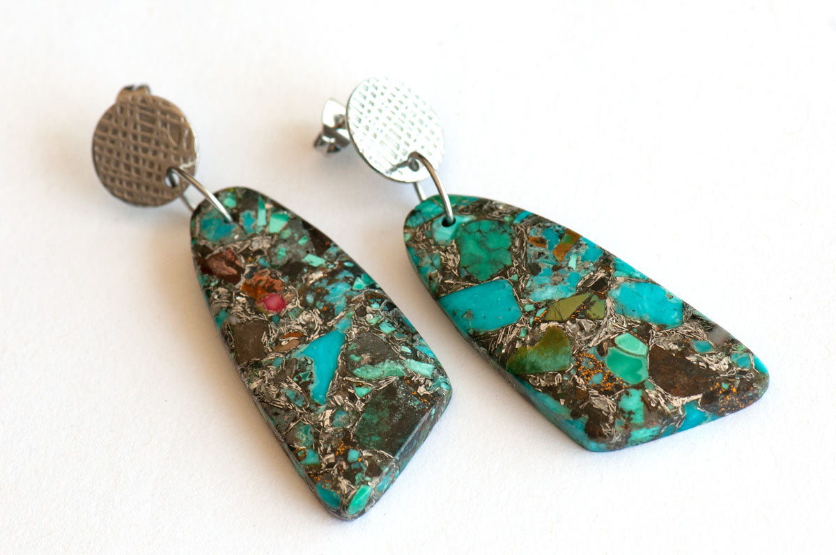Turquoise splash upcycled stone earrings handmade in New Brunswick Canada