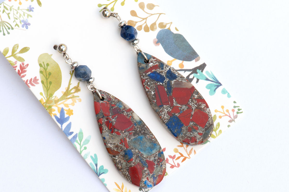 recycled gemstone earrings with lapis sodalite jasper and hematite handmade in Canada