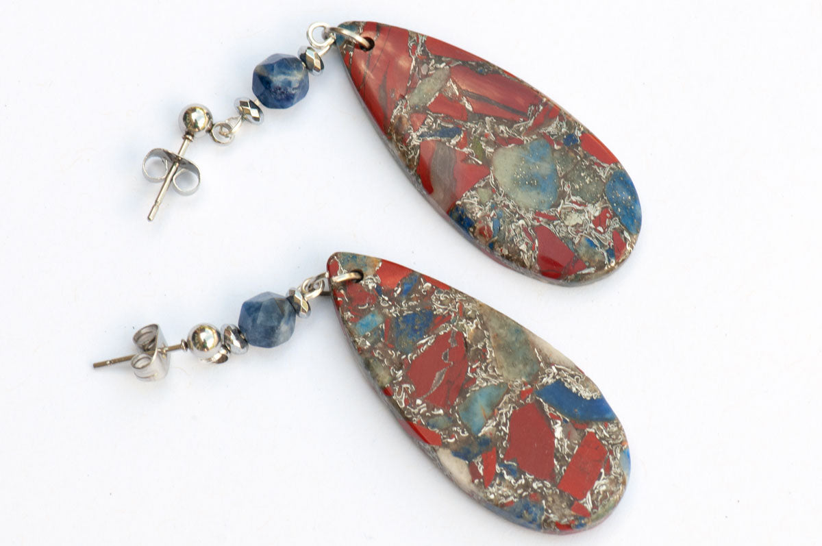 Upcycled gemstone earrings with impression  jasper and sodalite handmade in Canada