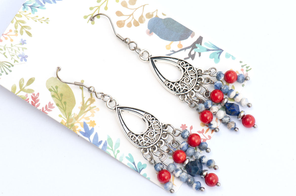 Handmade boho gemstone earrings in red, white, and blue