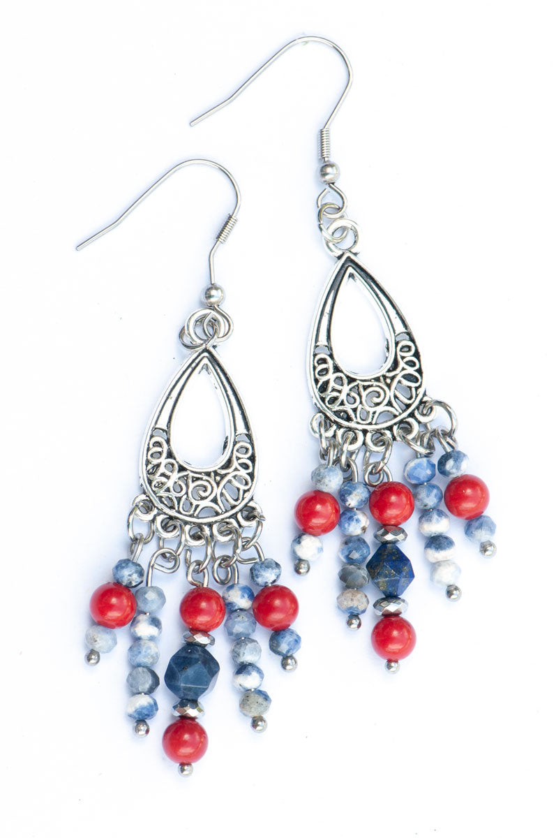 Lapis, Sodalite, and red coral earrings handmade in Canada